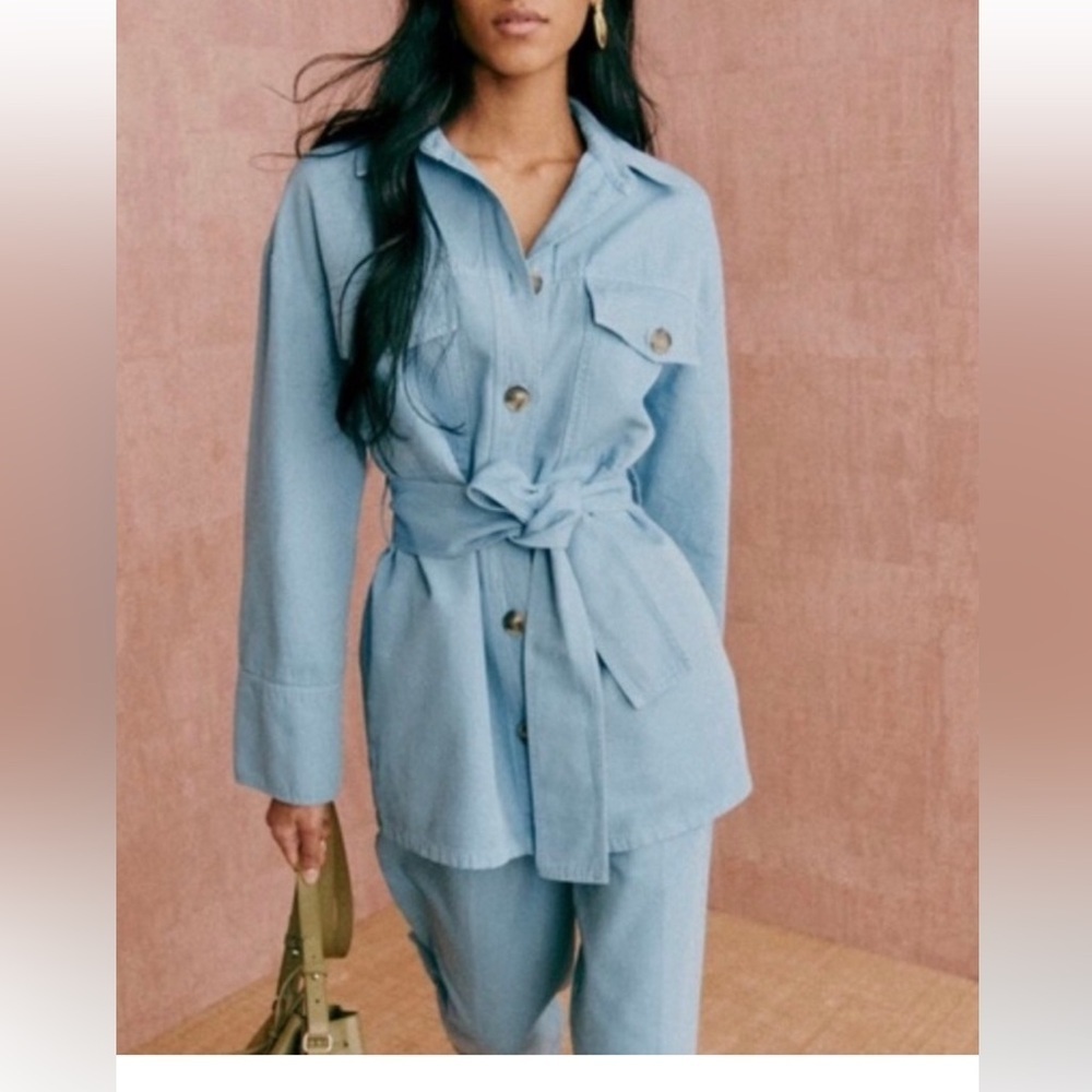 Sezane Marena Belted Utility Jacket Light Blue Size 44 US 12 Parisian Chic